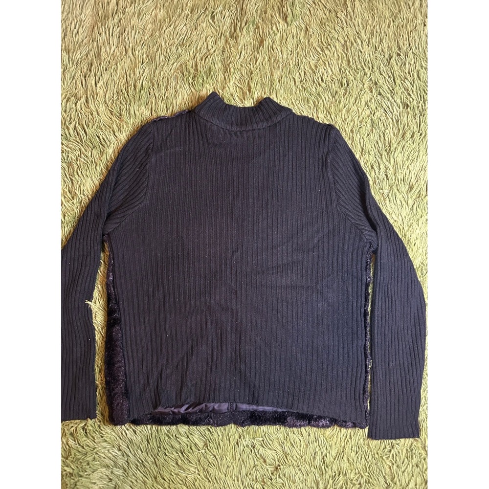 Kathie Lee Cardigan Women Medium Black Faux Fur Front Zip Ribbed Jacket Vintage - Picture 6 of 8